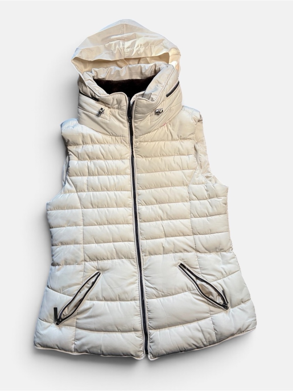 Royalty For Me Puffer Vest Women’s L Ivory Hooded Faux Fur Lined